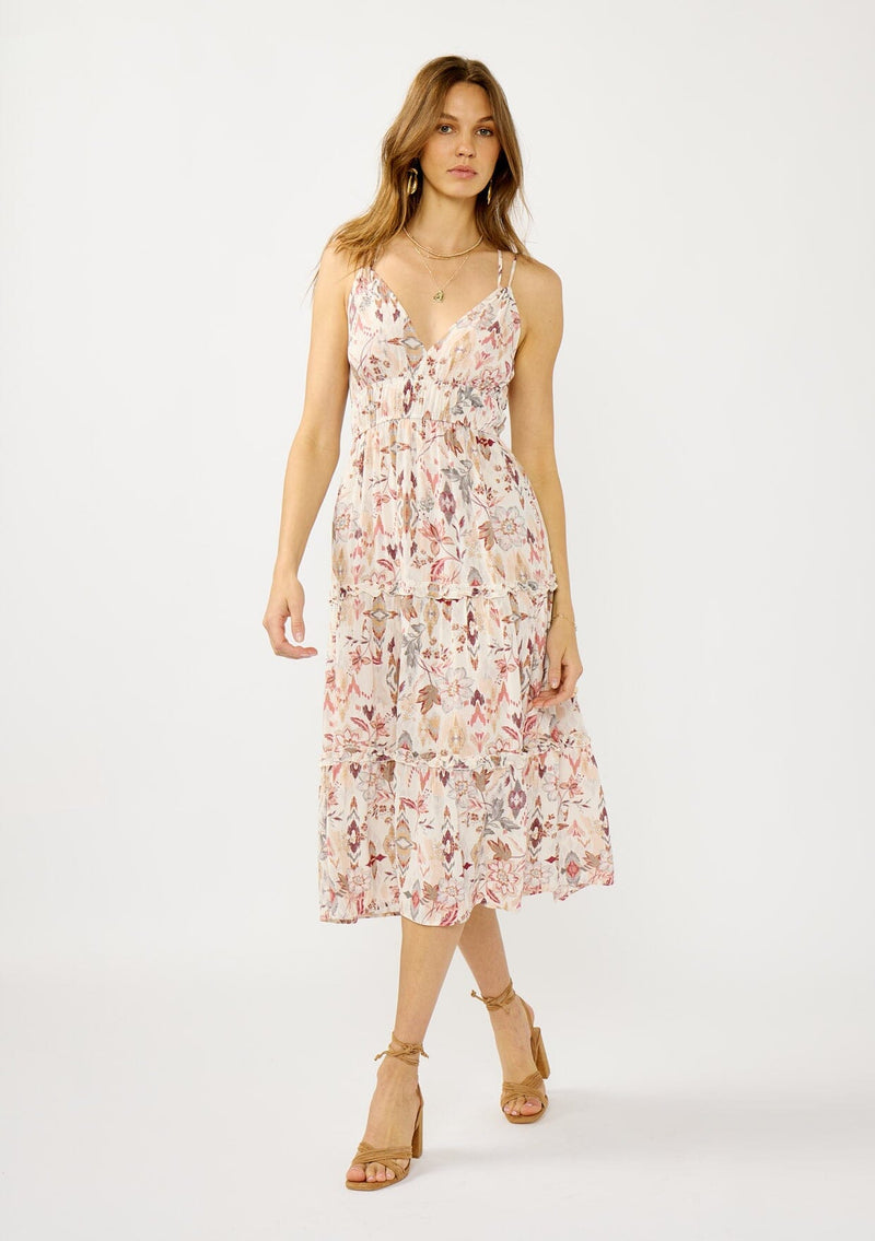 pink sleeveless hand beaded floral midi dress Mac Duggal Women's Floral Beaded Midi Sheath Dress - Nude Multi - 14