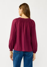 [Color: Wine] A back facing image of a blonde model wearing a wine checkered blouse with a split smocked neckline, tie neck detail, a hook and eye  closure, and long sleeves with smocked cuffs. 