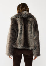 [Color: Charcoal] A back facing image of a brunette model wearing an ombre charcoal faux fur coat with a chic collar and cozy fit. Perfect for fall to winter styling. 