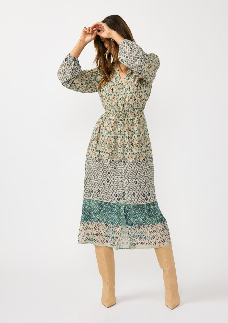 Garden Gate Midi Dress Taupe/Dusty Teal / L Garden Gate Midi Dress Taupe/Dusty Teal / L