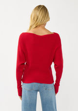 [Color: Red] A back facing image of a blonde model wearing a red waffle knit pullover sweater. With long sleeves, a relaxed fit, and a wide neckline that can be worn off the shoulder.
