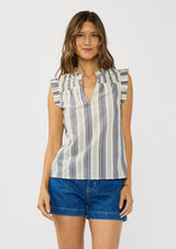 [Color: Blue/White] A front facing image of a brunette model wearing a blue cotton striped top with a smoked yoke, a split v-neckline, and ruffled cap sleeves. 