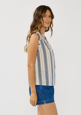 [Color: Blue/White] A side facing image of a brunette model wearing a blue cotton striped top with a smoked yoke, a split v-neckline, and ruffled cap sleeves. 