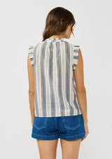 [Color: Blue/White] A back facing image of a brunette model wearing a blue cotton striped top with a smoked yoke, a split v-neckline, and ruffled cap sleeves. 