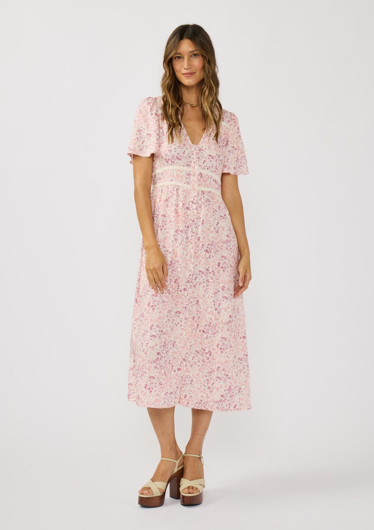 Women's Dress - Pink Boho Ditsy Floral Midi Dress | LOVESTITCH Women's Dress - Pink Boho Ditsy Floral Midi Dress | LOVESTITCH