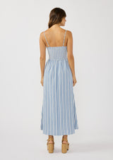 [Color: Blue/White] A back facing image of a brunette model wearing blue striped midi dress with a smocked bodice, v-neckline, and adjustable straps. A breezy cotton blend dress for vacation. 