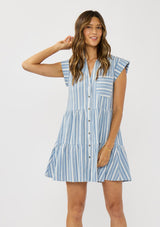 [Color: Blue/White] A front facing image of a brunette model wearing a blue striped mini dress with tiered skirt, short dolman sleeves, collared neckline, button front, and a single patch pocket. 