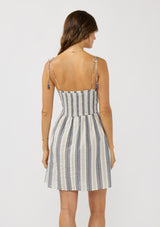 [Color: Blue/White] A back facing image of a brunette model wearing a cotton striped dress with a smocked bust, tie shoulder with tassels, and side pockets. An effortless coastal  mini dress for brunch or the beach. 