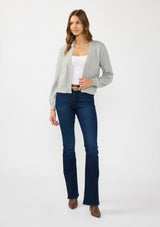 [Color: Heather Grey] A front facing image of a brunette model wearing an grey cardigan with a collarless design, floral embroidery, and rib trims. 