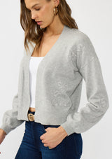[Color: Heather Grey] A side facing image of a brunette model wearing an grey cardigan with a collarless design, floral embroidery, and rib trims. 