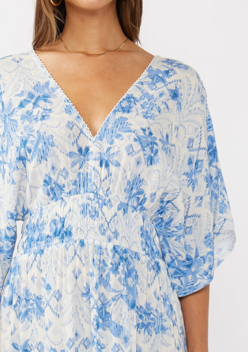 Bohemian White & Blue Floral Maxi Dress