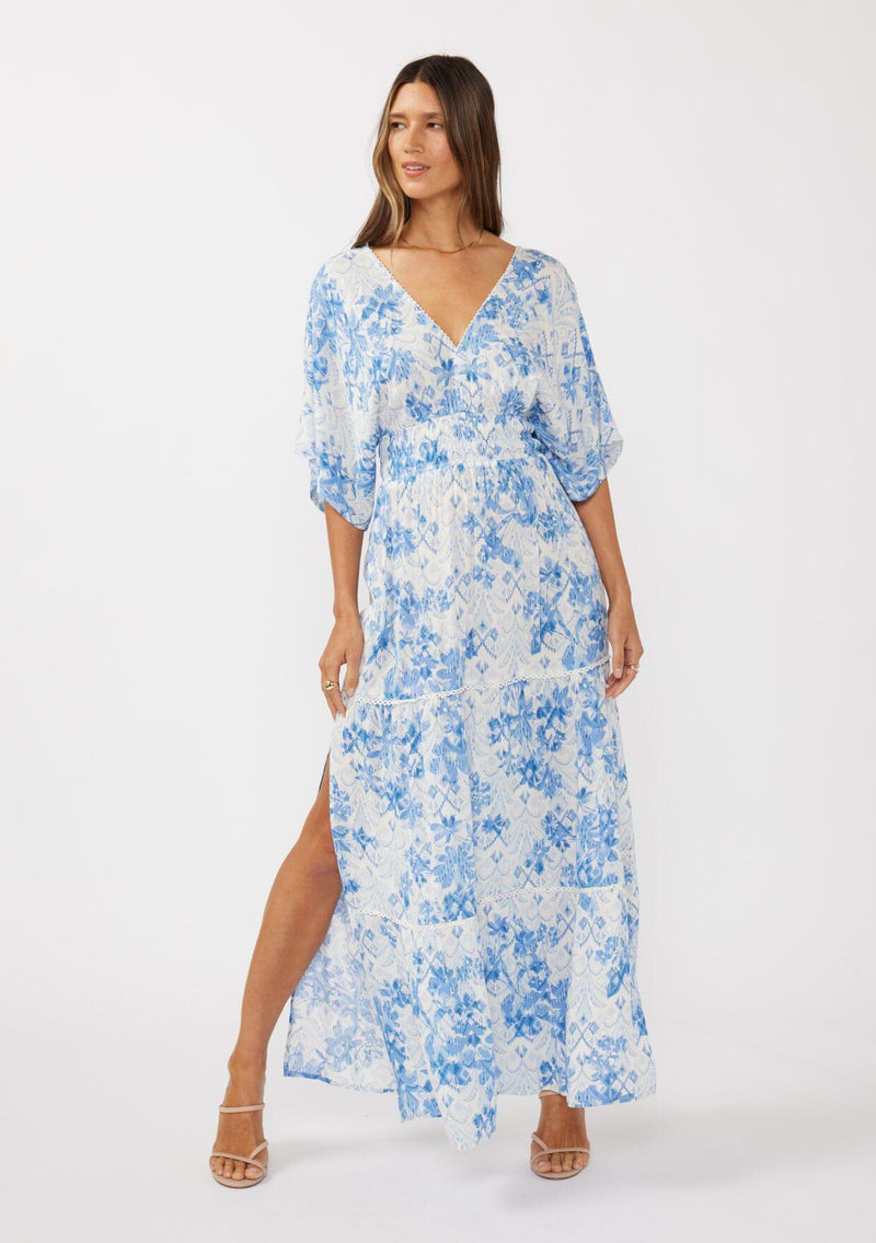 Bohemian White & Blue Floral Maxi Dress Bohemian White & Blue Floral Maxi Dress