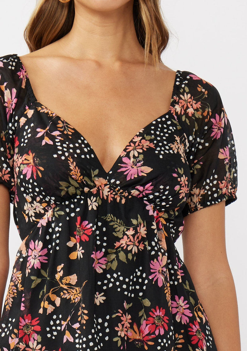 Garden Affair Puff Sleeve Mini Dress Black/Dusty Rose / L Garden Affair Puff Sleeve Mini Dress Black/Dusty Rose / L