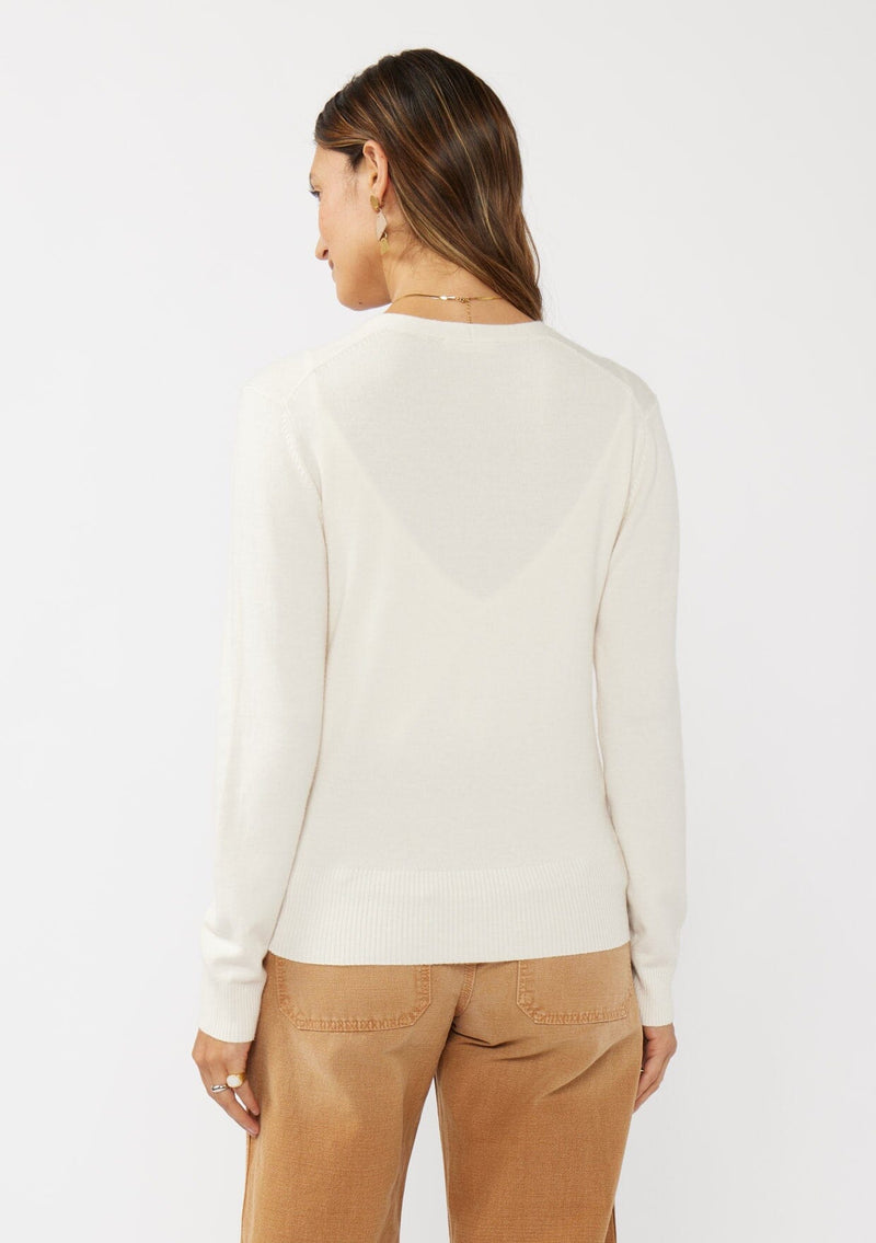 [Color: Off White] A back facing image of a brunette model wearing an off white solid knit sweater with a wrap front and side button closures. A soft versatile sweater, perfect for spring styling. 