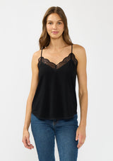 [Color: Black] A front facing image of a brunette model wearing a black lace trimmed camisole with a v neckline and adjustable spaghetti straps. 
