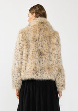 [Color: Leopard] A back facing image of a brunette model wearing a leopard faux fur coat with a collar and an open front. 