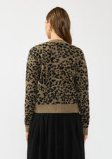 [Color: Brown] A back facing image of a brunette model wearing a brown leopard print cardigan with a button front, round neckline, and a contrast ribbed border. 