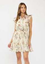 [Color: Ivory/Rosewood] A front facing image of a brunette model wearing an ivory floral mini dress with flutter cap sleeves, a button front, smocked waist, and a tiered skirt with ruffle trims.