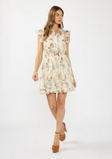 [Color: Ivory/Rosewood] A front facing image of a brunette model wearing an ivory floral mini dress with flutter cap sleeves, a button front, smocked waist, and a tiered skirt with ruffle trims.