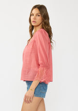 [Color: Dark Rose] A side facing image of a brunette model wearing a pink bohemian lace trim blouse with a v neckline and button front. 