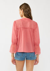 [Color: Dark Rose] A back facing image of a brunette model wearing a pink bohemian lace trim blouse with a v neckline and button front. 