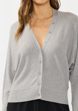 [Color: Heather Grey] A detail image of a brunette model wearing a grey button front cardigan with long dolman sleeves, a v neckline, and rib trims. 