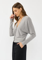 [Color: Heather Grey] A side facing image of a brunette model wearing a grey button front cardigan with long dolman sleeves, a v neckline, and rib trims. 