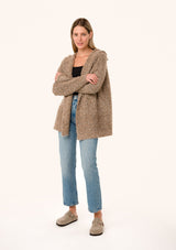 [Color: Mocha] A full body front facing image of a blonde model wearing a fuzzy brown boucle hooded cardigan. With long sleeves and an open front. 