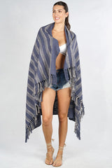 [Color: Blue] A cotton striped beach throw with fringe trim. Perfect for lounging at the beach or as a picnic blanket. 