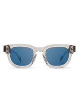 [Color: Ice Water]: Thick sunglasses with a blue lens in a light grey  tone acetate frame. Designed in Italian cellulose acetate with stainless steel temples.