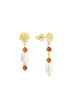 [Color: Hibiscus Red] Unique drop earrings with freshwater pearl and red zirconia stone accents. In fourteen karat gold plating on sterling silver base. Hypoallergenic and made in the USA.