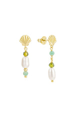 [Color: Matcha Green] Unique drop earrings with freshwater pearl and green zirconia stone accents. In fourteen karat gold plating on sterling silver base. Hypoallergenic and made in the USA. 