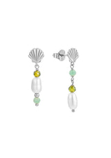 [Color: Matcha Green] Unique drop earrings with freshwater pearl and green zirconia stone accents. In white gold plating on sterling silver base. Hypoallergenic and made in the USA. 