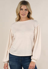 [Color: Blush] Lovestitch light pink lightweight, crewneck, burn-out wash thermal top with long balloon sleeve.