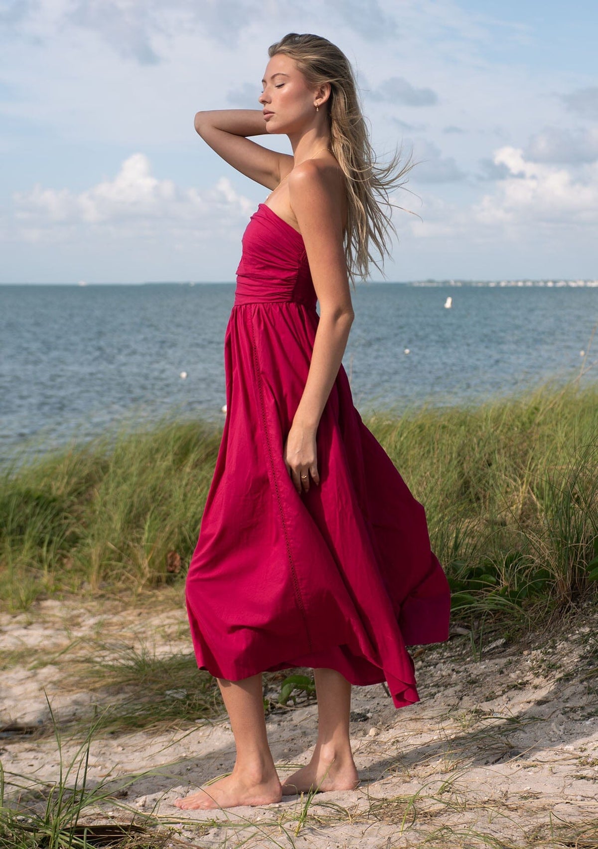 strapless full skirt midi dress Cuffed Strapless Floral Satin Twill Midi Dress with Full Skirt and Pockets