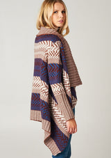 [Color: Maroon/Ivory/Blue] A blonde model wearing a boho striped cardigan with a cozy shawl collar and side pockets. A statement boho cardigan for the fall season. 