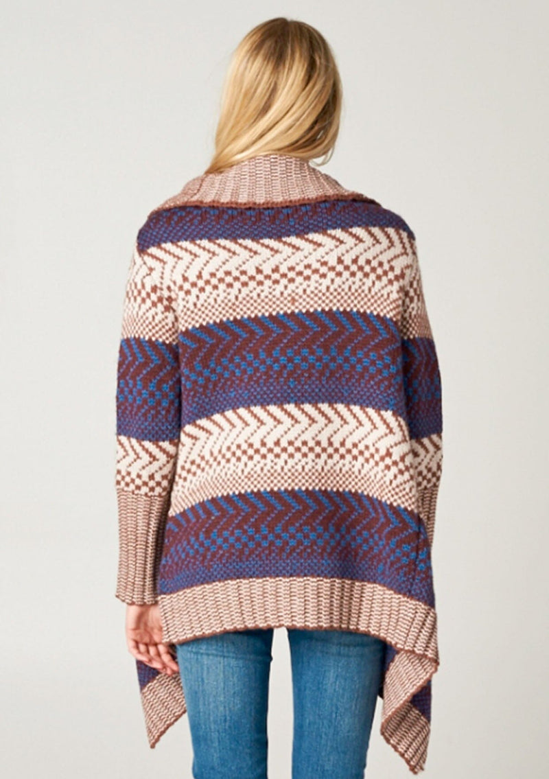 [Color: Maroon/Ivory/Blue] A blonde model wearing a boho striped cardigan with a cozy shawl collar and side pockets. A statement boho cardigan for the fall season. 