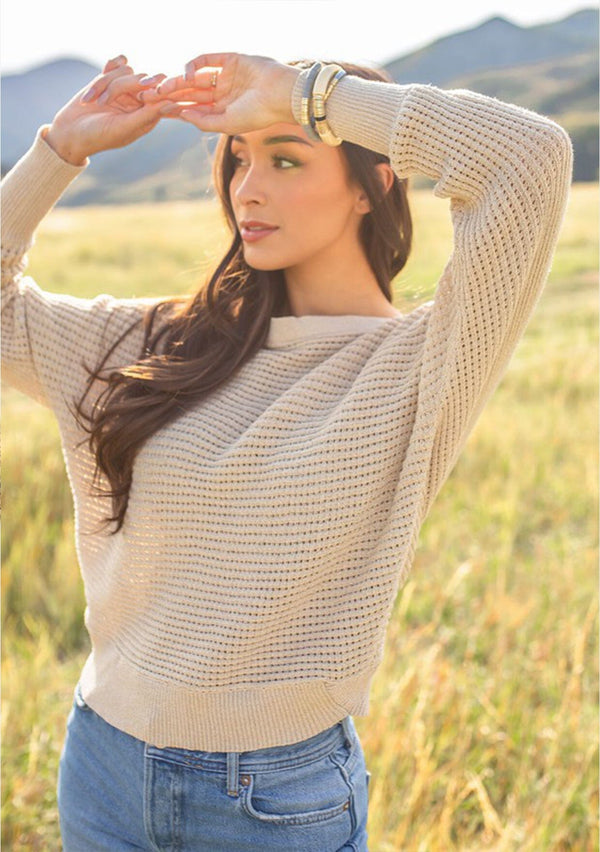[Color: Champagne/Gold] Lovestitch champagne/gold metallic boatneck, dolman sleeve sweater