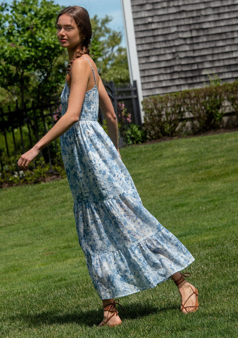 Women's Boho Blue & White Floral Smocked Maxi Dress | LOVESTITCH Women's Boho Blue & White Floral Smocked Maxi Dress | LOVESTITCH