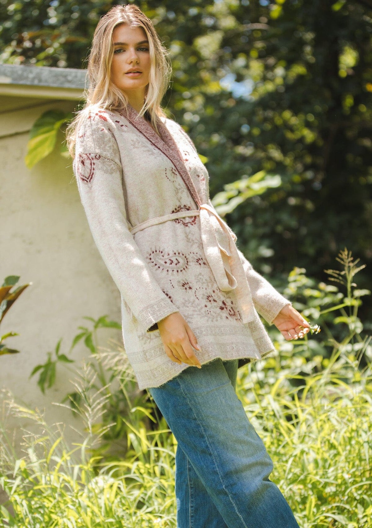 Rosary moon  Fluffy Belted Cardigan ベージュ Women's Bohemian Belted Cardigan + Paisley Pattern | LOVESTITCH