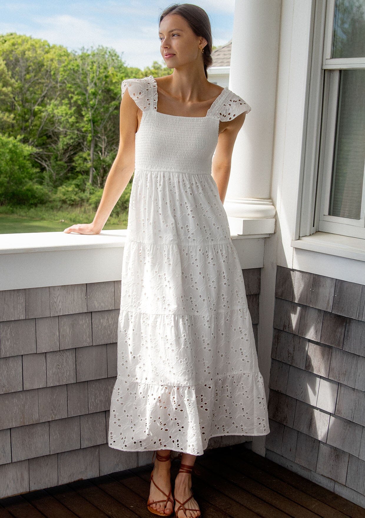 Women's White Cotton Embroidered Eyelet Maxi Dress