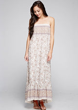[Color: Yellow/Petal] A front facing image of a brunette model wearing a sleeveless paisley maxi dress with square neckline and adjustable spaghetti straps. 