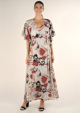[Color: Taupe] Beautiful bold floral print maxi dress with ruffled short sleeves and wrap front.