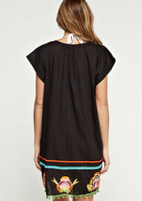 [Color: Black] A colorful embroidered black caftan mini dress with short sleeves and a v neckline.
