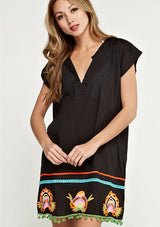 [Color: Black] A colorful embroidered black caftan mini dress with short sleeves and a v neckline.