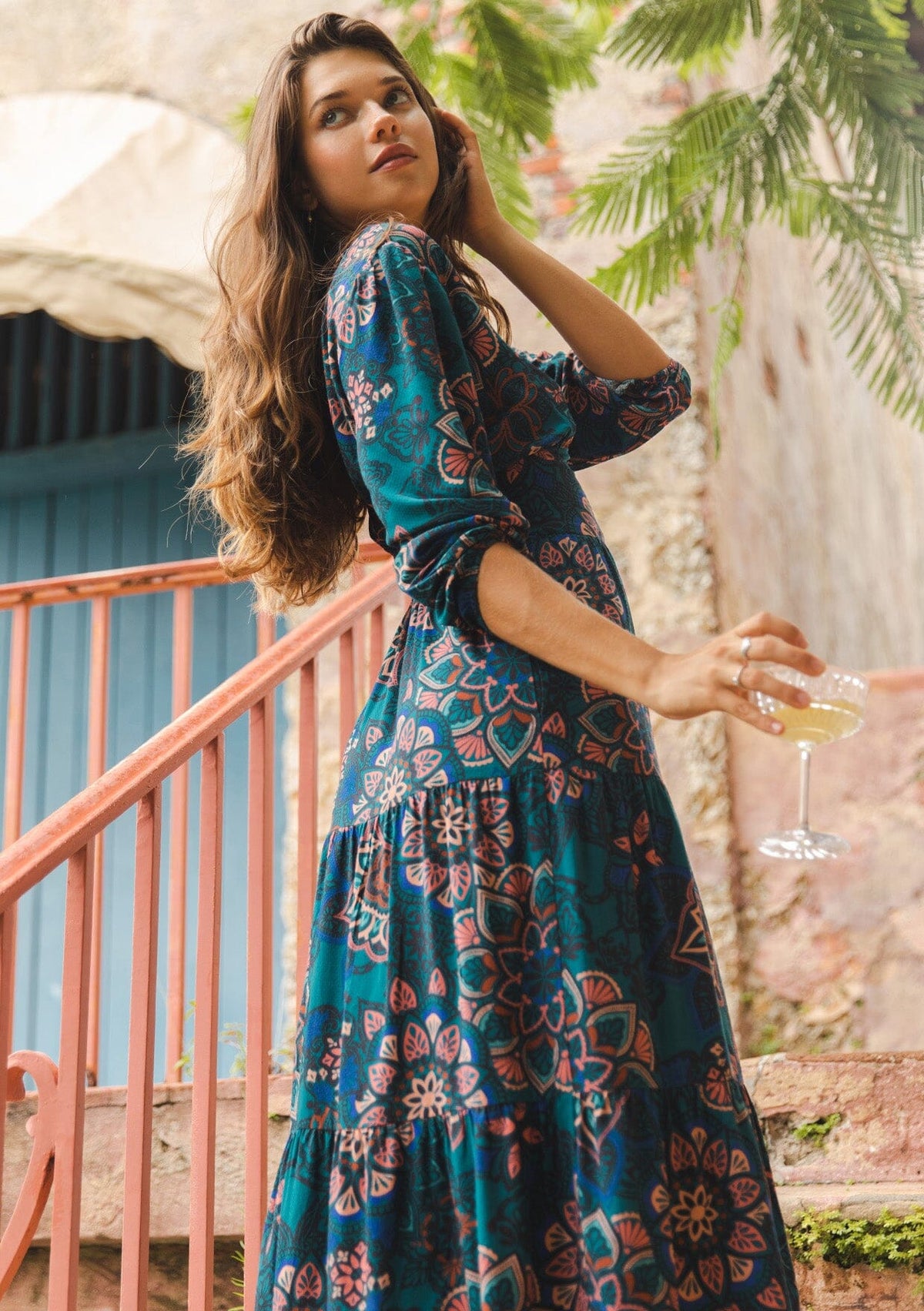 Floral Prism Midi Dress Teal/Rust / S Floral Prism Midi Dress Teal/Rust / S
