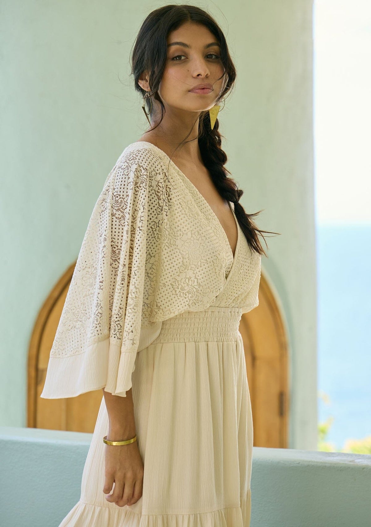 boho lace mini dress Women's Beige + Smocked line silhouette complements a Seller:AmourLinen Size:XL - 34/35 Plus Size Macys Dresses