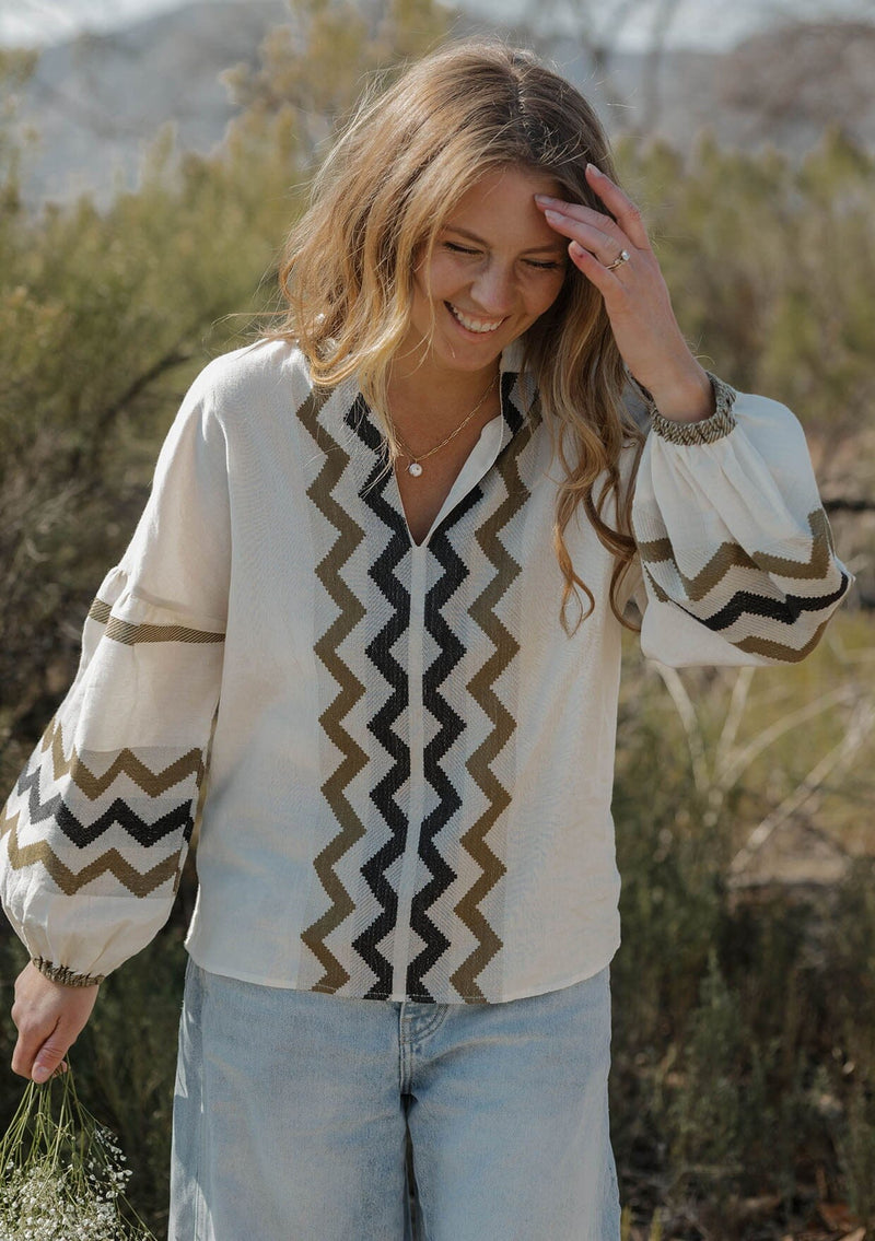 Boho Zigzag Jacquard Balloon Sleeve Blouse LOVESTITCH