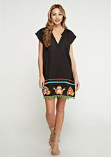 [Color: Black] A colorful embroidered black caftan mini dress with short sleeves and a v neckline.
