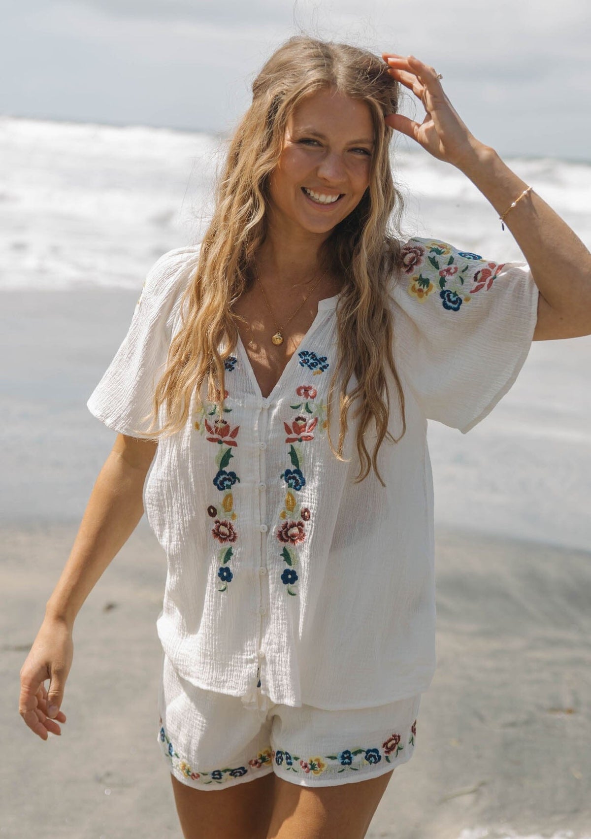 Floral Embroidered Short Sleeve Split Neck Top - LOVESTITCH